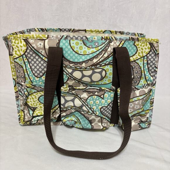 Thirty One Organizing Utility Tote Green Blue Harvest Floral 15 x 10 x 6 Pockets - Picture 1 of 5